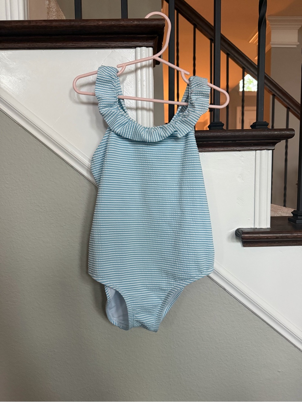 Girls' Light Blue Striped Ruffle One-Piece Swimsuit